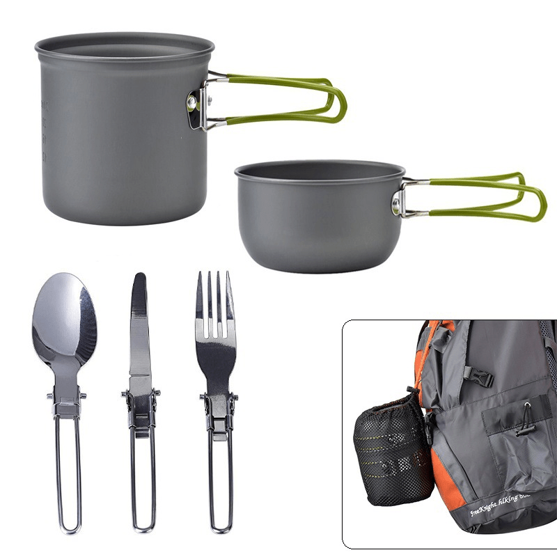 1pc Camping Cookware Kit With Stainless Steel Forks Knives Spoons For Outdoor Camping, Picnic, Travel, Cooking