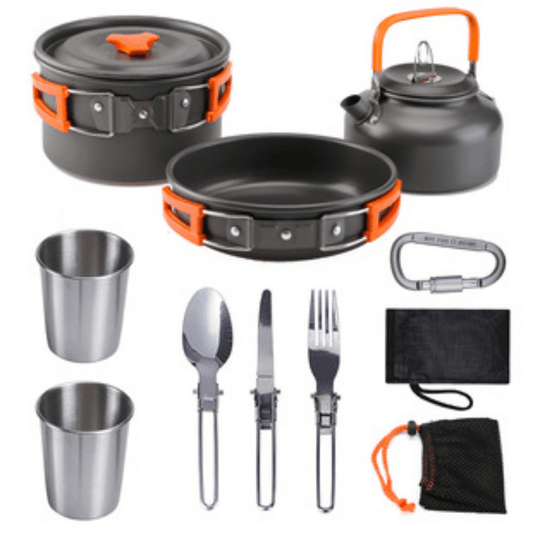 1pc Camping Cookware Kit With Stainless Steel Forks Knives Spoons For Outdoor Camping, Picnic, Travel, Cooking