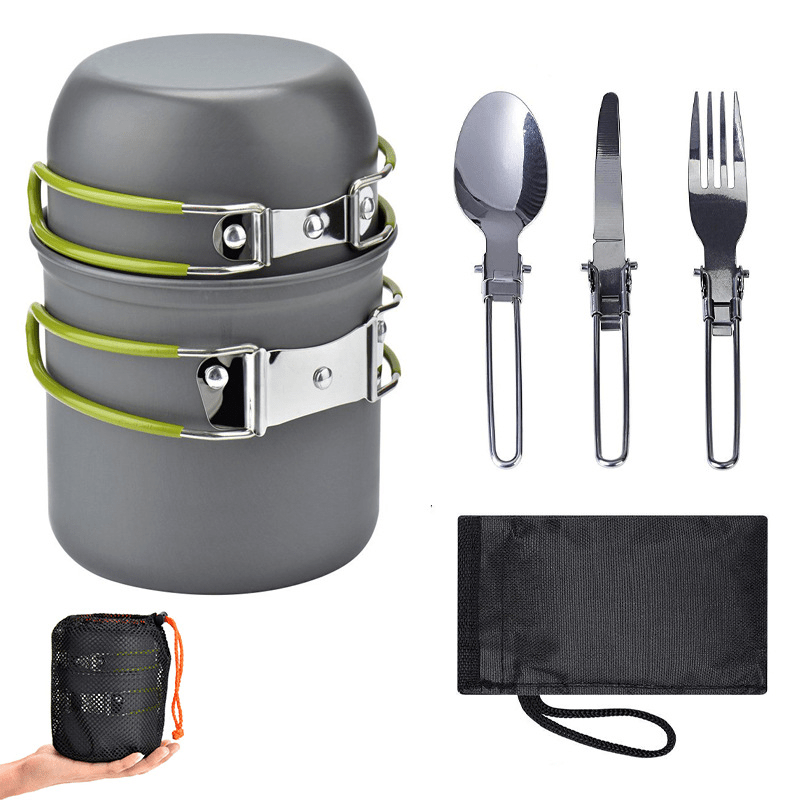 1pc Camping Cookware Kit With Stainless Steel Forks Knives Spoons For Outdoor Camping, Picnic, Travel, Cooking