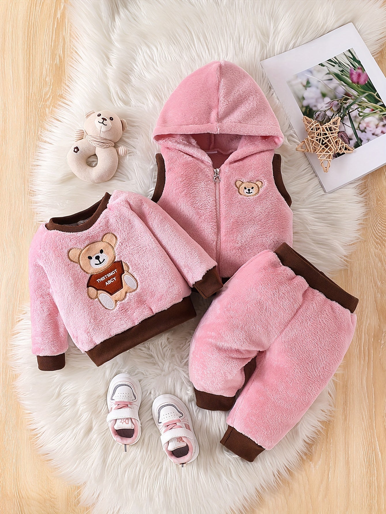 3pcs Baby Boy's Bear Embroidered Fleece Outfit, Hooded Vest & Warm Sweatshirt & Pants Outdoor Set, Baby's Clothing For Fall Winter, As Gift, Outdoor Cloth