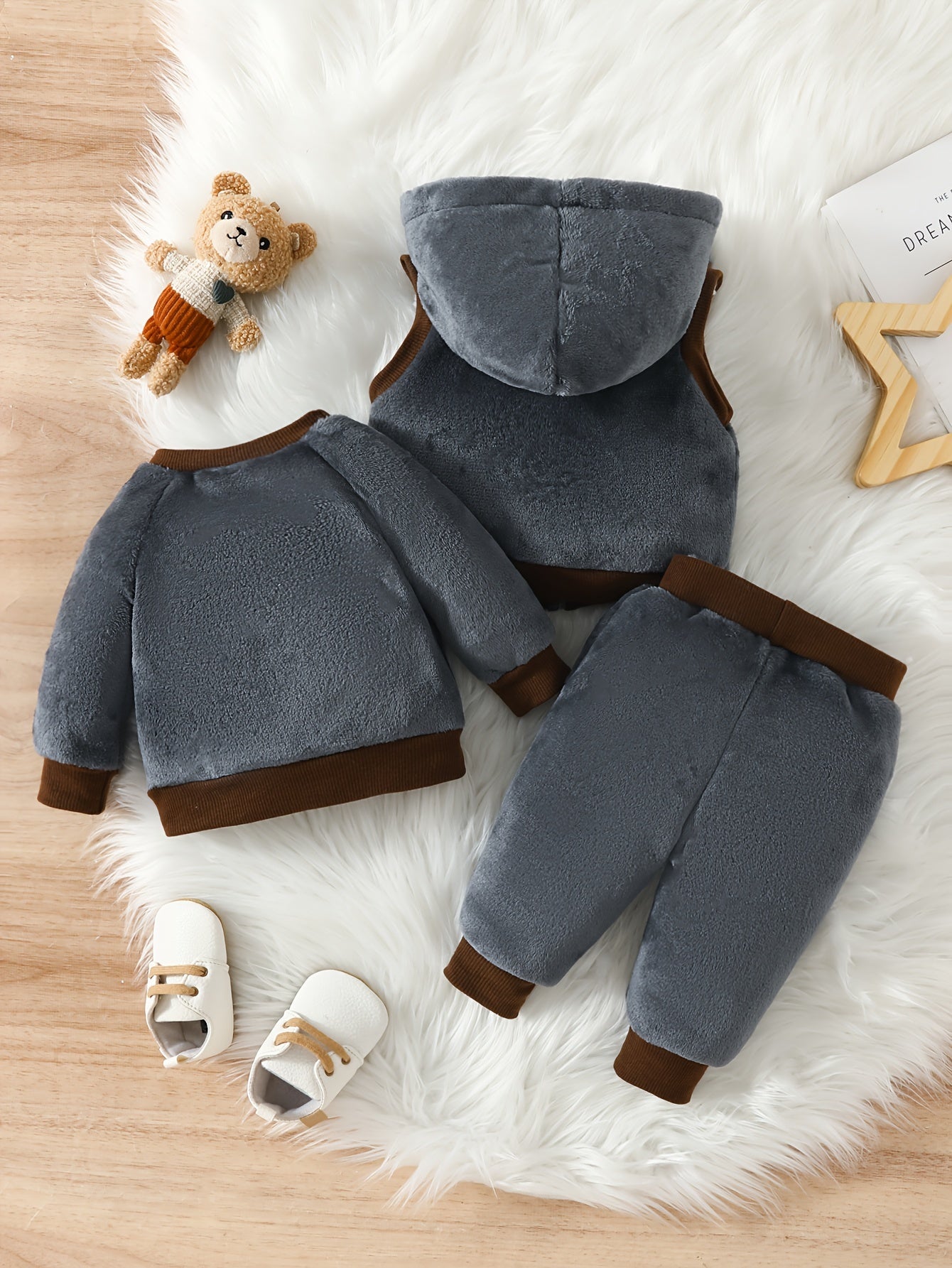 3pcs Baby Boy's Bear Embroidered Fleece Outfit, Hooded Vest & Warm Sweatshirt & Pants Outdoor Set, Baby's Clothing For Fall Winter, As Gift, Outdoor Cloth