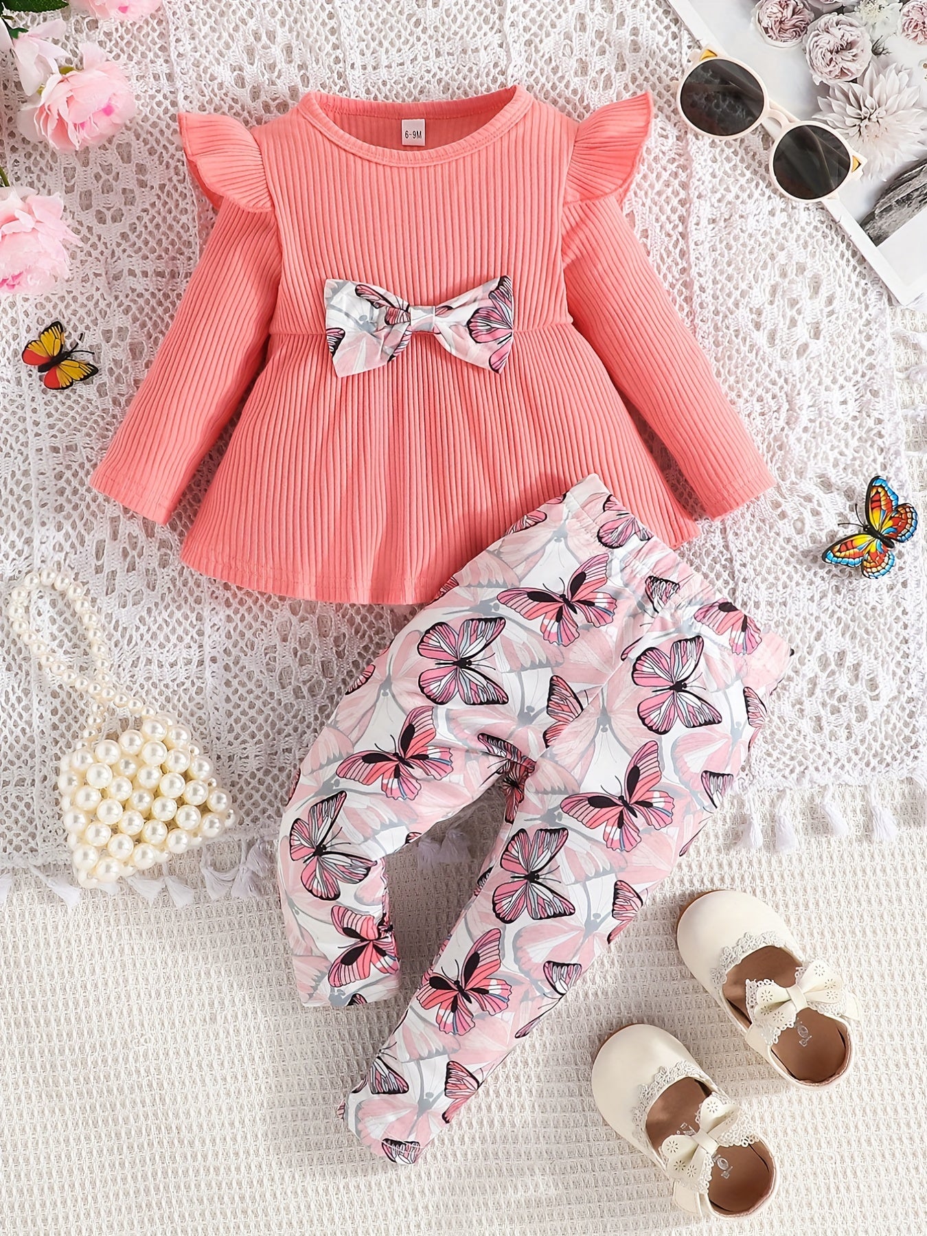 2pcs Toddler Girls Elegant Bowknot Long Sleeve Top + Butterfly Print Pants Set, Infant Babies Kids Cotton Stylish Clothes Outdoor Wear Outdoor Clothes