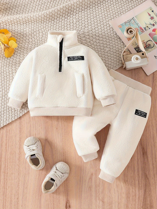 Baby Solid Color High Collar Zipper Design Top Plus Solid Color Sweatshirt Pants, Children's Autumn and Winter Clothes, Perfect for Outdoor