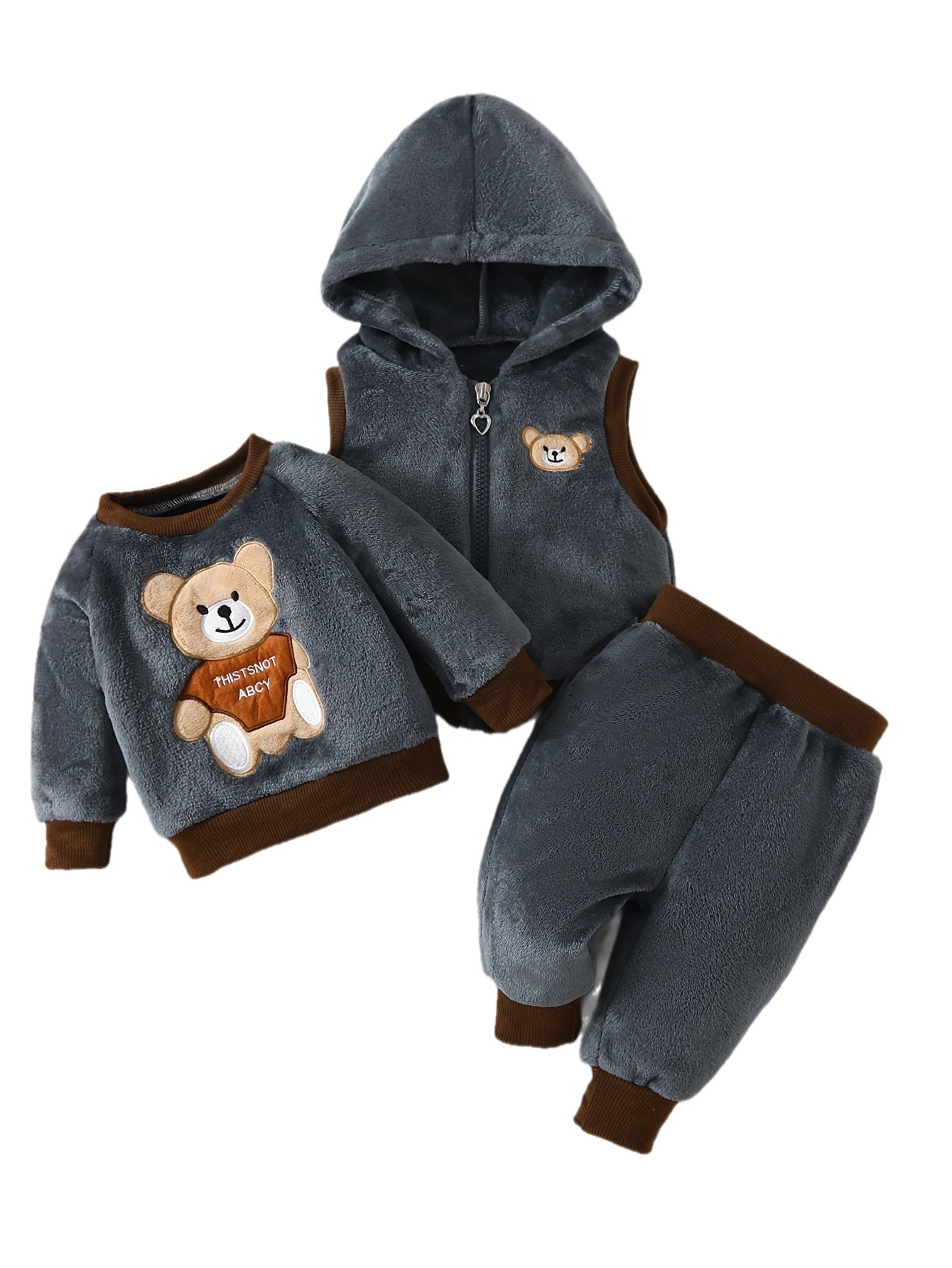 3pcs Baby Boy's Bear Embroidered Fleece Outfit, Hooded Vest & Warm Sweatshirt & Pants Outdoor Set, Baby's Clothing For Fall Winter, As Gift, Outdoor Cloth