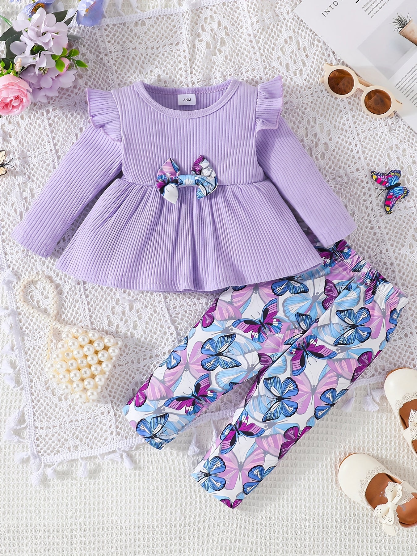 2pcs Toddler Girls Elegant Bowknot Long Sleeve Top + Butterfly Print Pants Set, Infant Babies Kids Cotton Stylish Clothes Outdoor Wear Outdoor Clothes