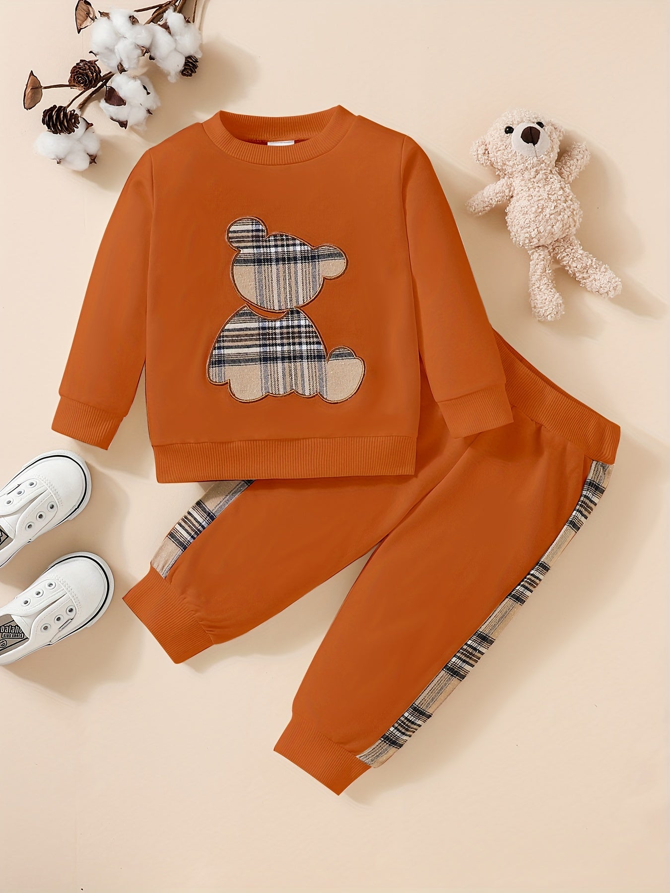 Adorable 2pcs Outfit For Toddler Girls & Boys - Bear Embroidery Sweatshirt & Splicing Pants! Outdoor Clothes