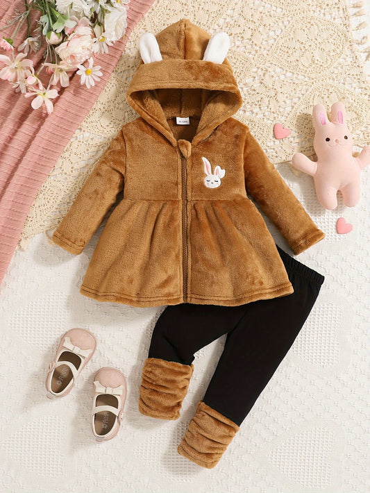 2pcs Double-Faced Fleece Set, Toddler Girl Rabbit Embroidered Zipper Hooded Jacket And Patchwork Pants, Autumn And Winter Baby And Toddler Clothing, for Outdoor