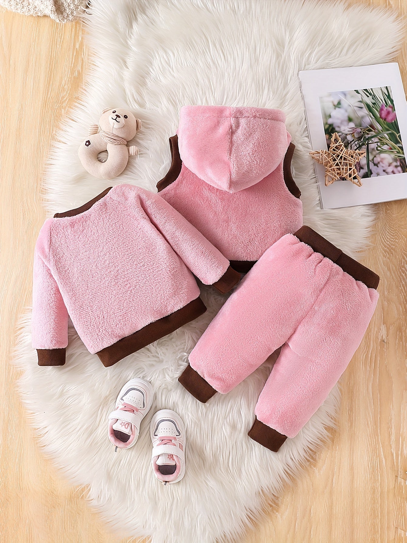 3pcs Baby Boy's Bear Embroidered Fleece Outfit, Hooded Vest & Warm Sweatshirt & Pants Outdoor Set, Baby's Clothing For Fall Winter, As Gift, Outdoor Cloth