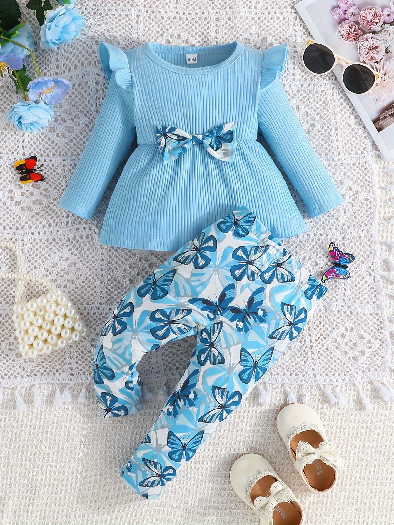 2pcs Toddler Girls Elegant Bowknot Long Sleeve Top + Butterfly Print Pants Set, Infant Babies Kids Cotton Stylish Clothes Outdoor Wear Outdoor Clothes