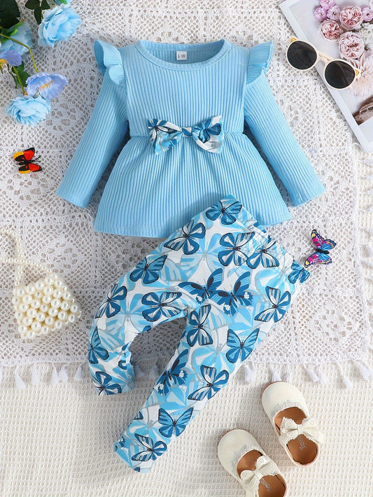 2pcs Toddler Girls Elegant Bowknot Long Sleeve Top + Butterfly Print Pants Set, Infant Babies Kids Cotton Stylish Clothes Outdoor Wear Outdoor Clothes