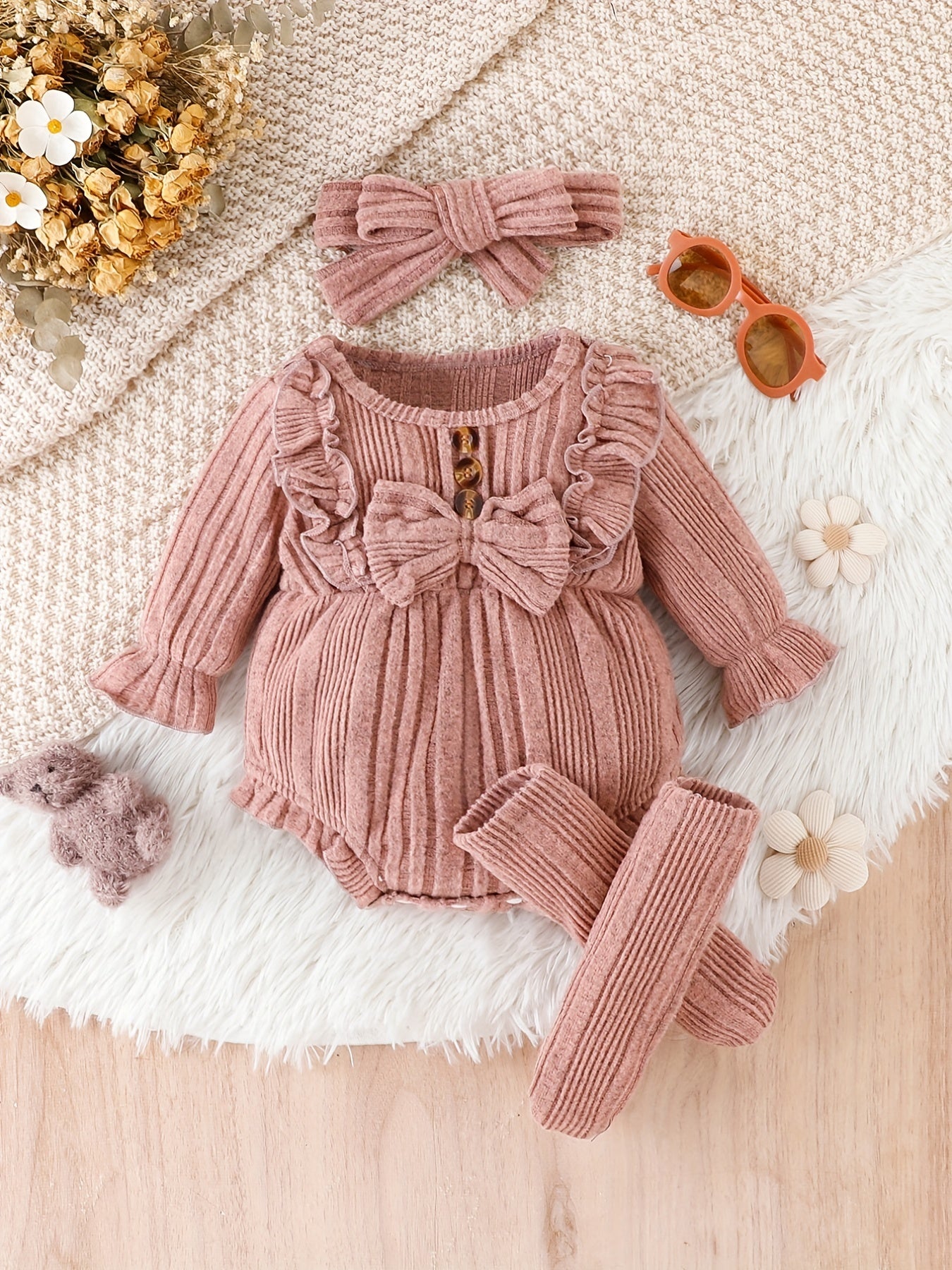 3pcs Baby Girl Ruffled Lace Bow Onesie & Headband & Socks Outdoor Set, Fall Winter Warm Outwear, Pregnant Mom's Gift