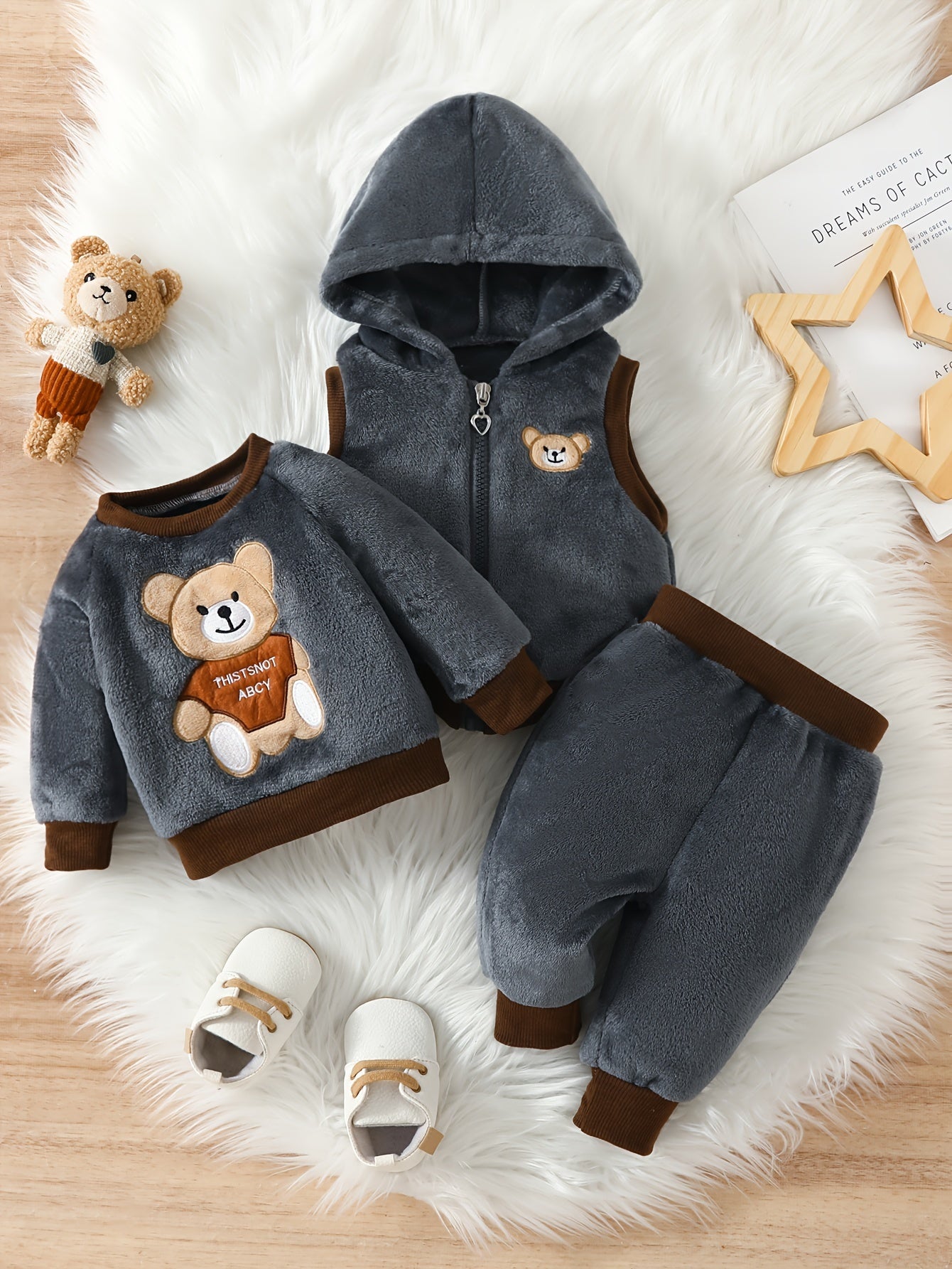 3pcs Baby Boy's Bear Embroidered Fleece Outfit, Hooded Vest & Warm Sweatshirt & Pants Outdoor Set, Baby's Clothing For Fall Winter, As Gift, Outdoor Cloth