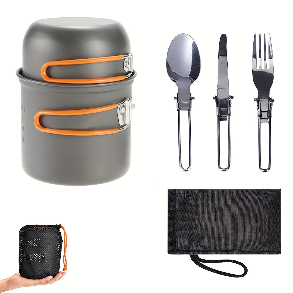 1pc Camping Cookware Kit With Stainless Steel Forks Knives Spoons For Outdoor Camping, Picnic, Travel, Cooking