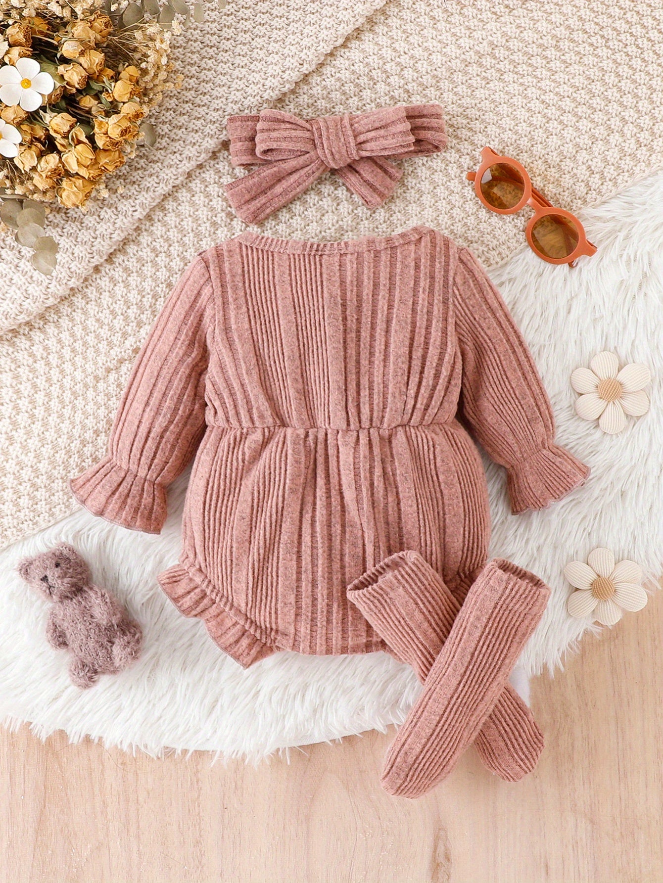 3pcs Baby Girl Ruffled Lace Bow Onesie & Headband & Socks Outdoor Set, Fall Winter Warm Outwear, Pregnant Mom's Gift