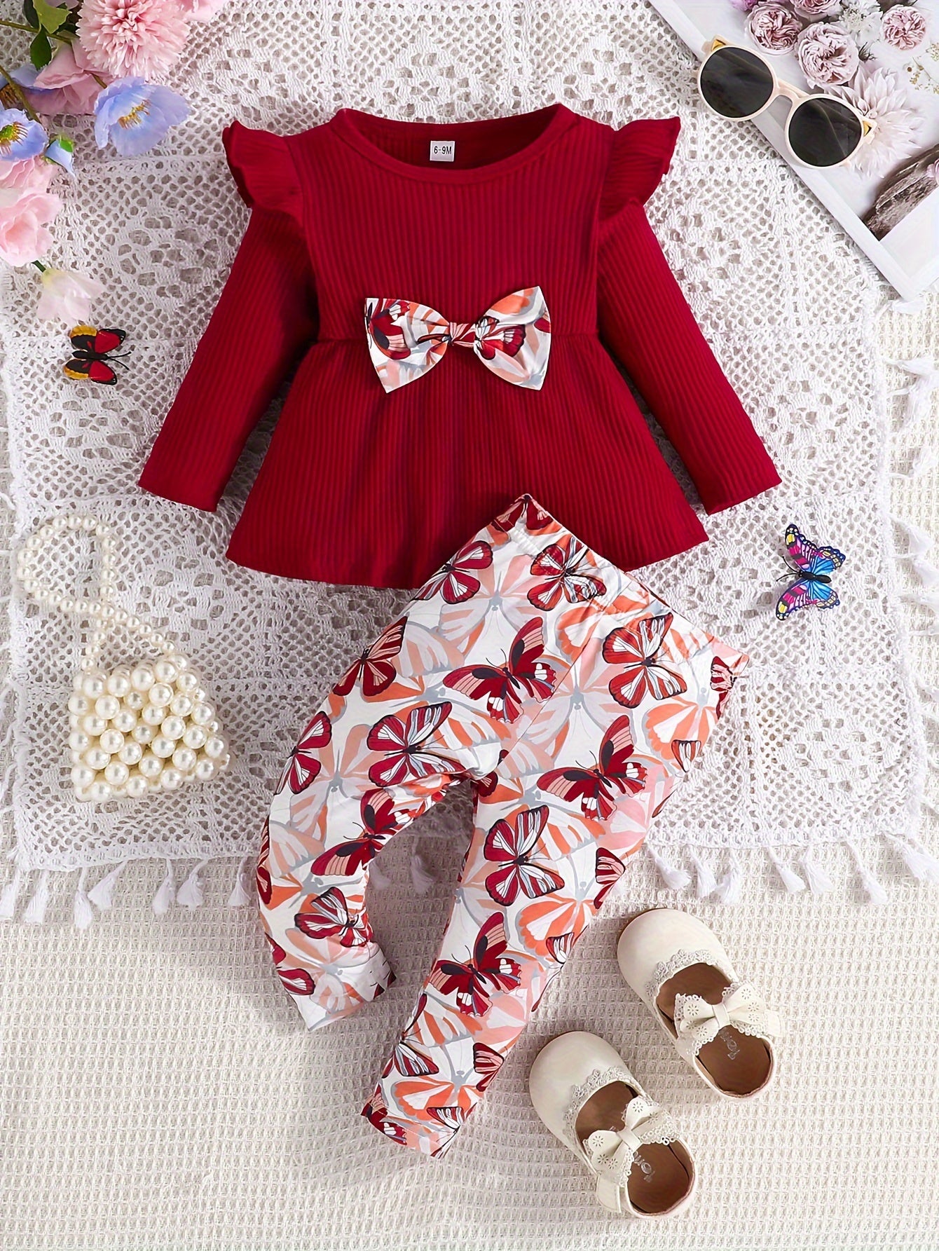 2pcs Toddler Girls Elegant Bowknot Long Sleeve Top + Butterfly Print Pants Set, Infant Babies Kids Cotton Stylish Clothes Outdoor Wear Outdoor Clothes