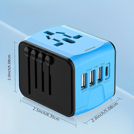 1pc Universal Travel Adapter, Worldwide International Power Adapter, High Speed 2.4A 4*USB, Type-C 3.0A Port With Worldwide AC Power Plug Wall Charger For Europe UK EU US CA AU Italy Asia And More Than 170 Countries