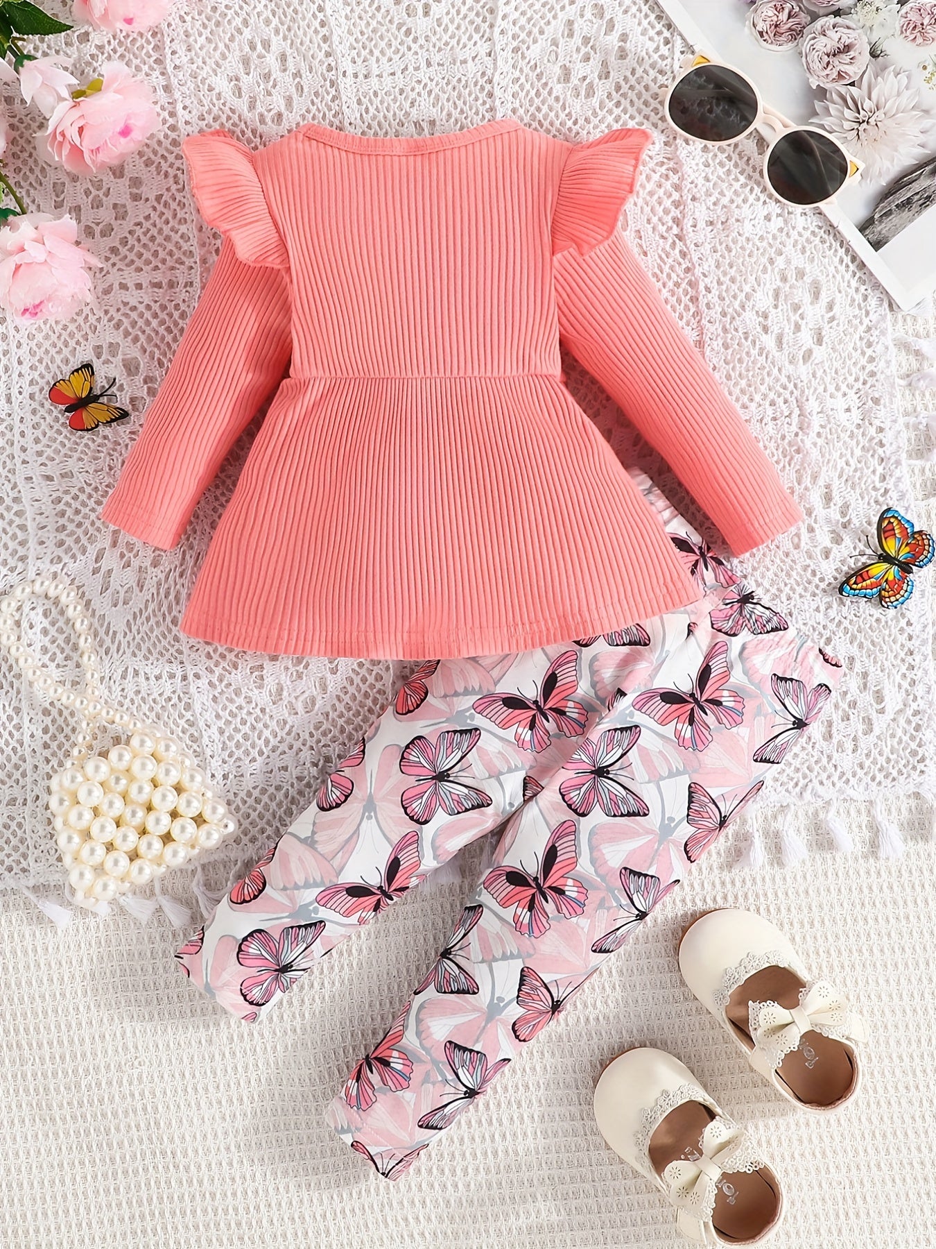 2pcs Toddler Girls Elegant Bowknot Long Sleeve Top + Butterfly Print Pants Set, Infant Babies Kids Cotton Stylish Clothes Outdoor Wear Outdoor Clothes