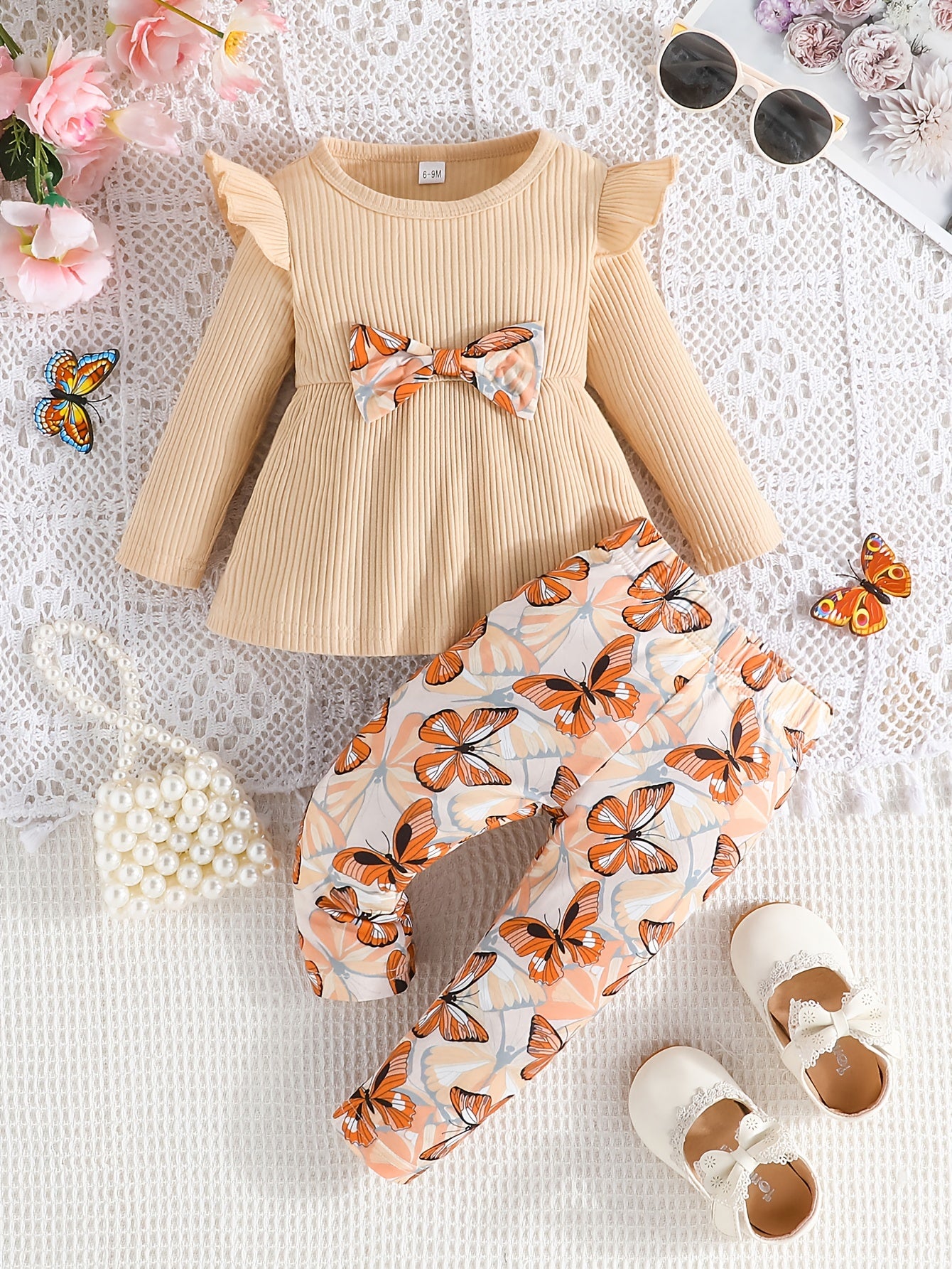 2pcs Toddler Girls Elegant Bowknot Long Sleeve Top + Butterfly Print Pants Set, Infant Babies Kids Cotton Stylish Clothes Outdoor Wear Outdoor Clothes