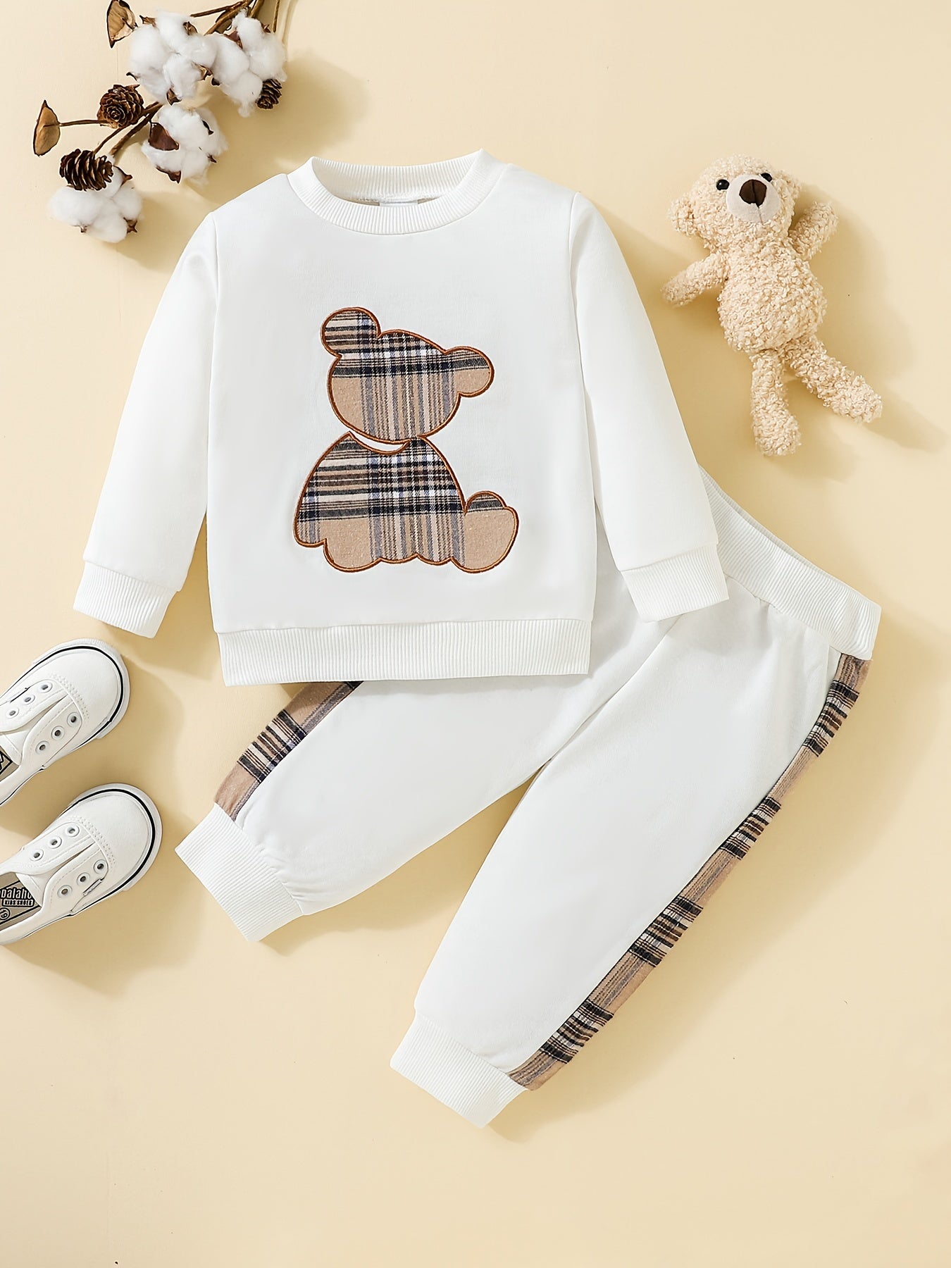 Adorable 2pcs Outfit For Toddler Girls & Boys - Bear Embroidery Sweatshirt & Splicing Pants! Outdoor Clothes