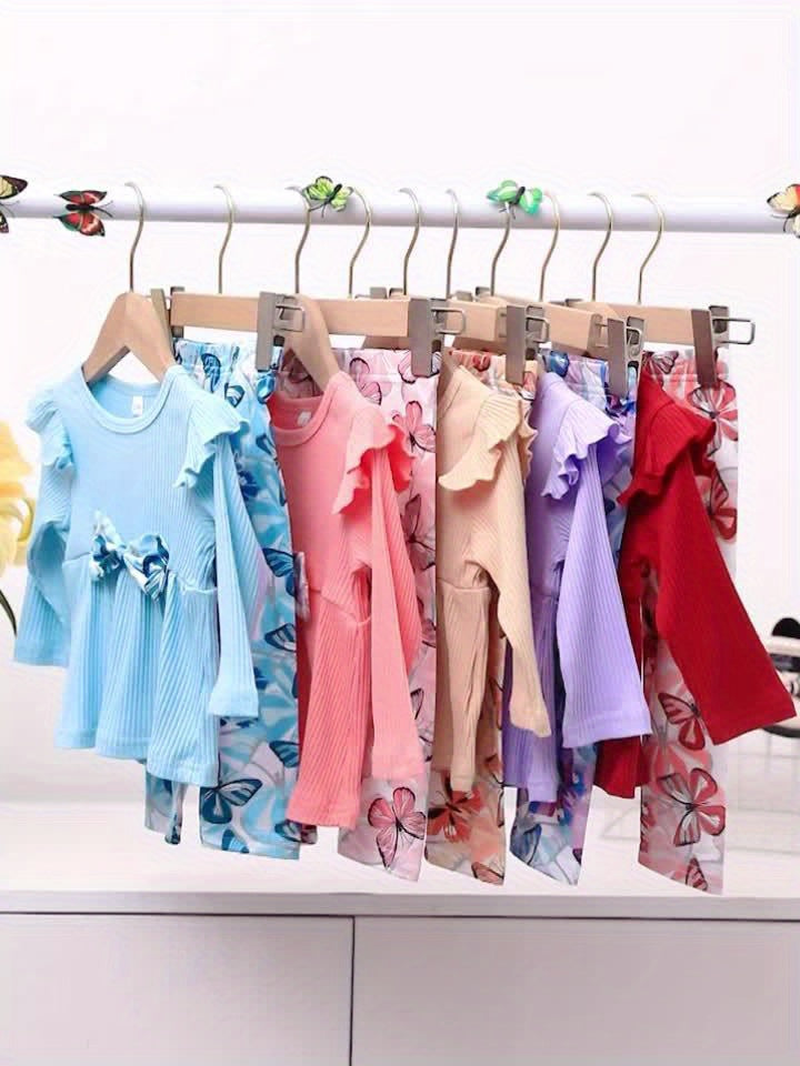 2pcs Toddler Girls Elegant Bowknot Long Sleeve Top + Butterfly Print Pants Set, Infant Babies Kids Cotton Stylish Clothes Outdoor Wear Outdoor Clothes