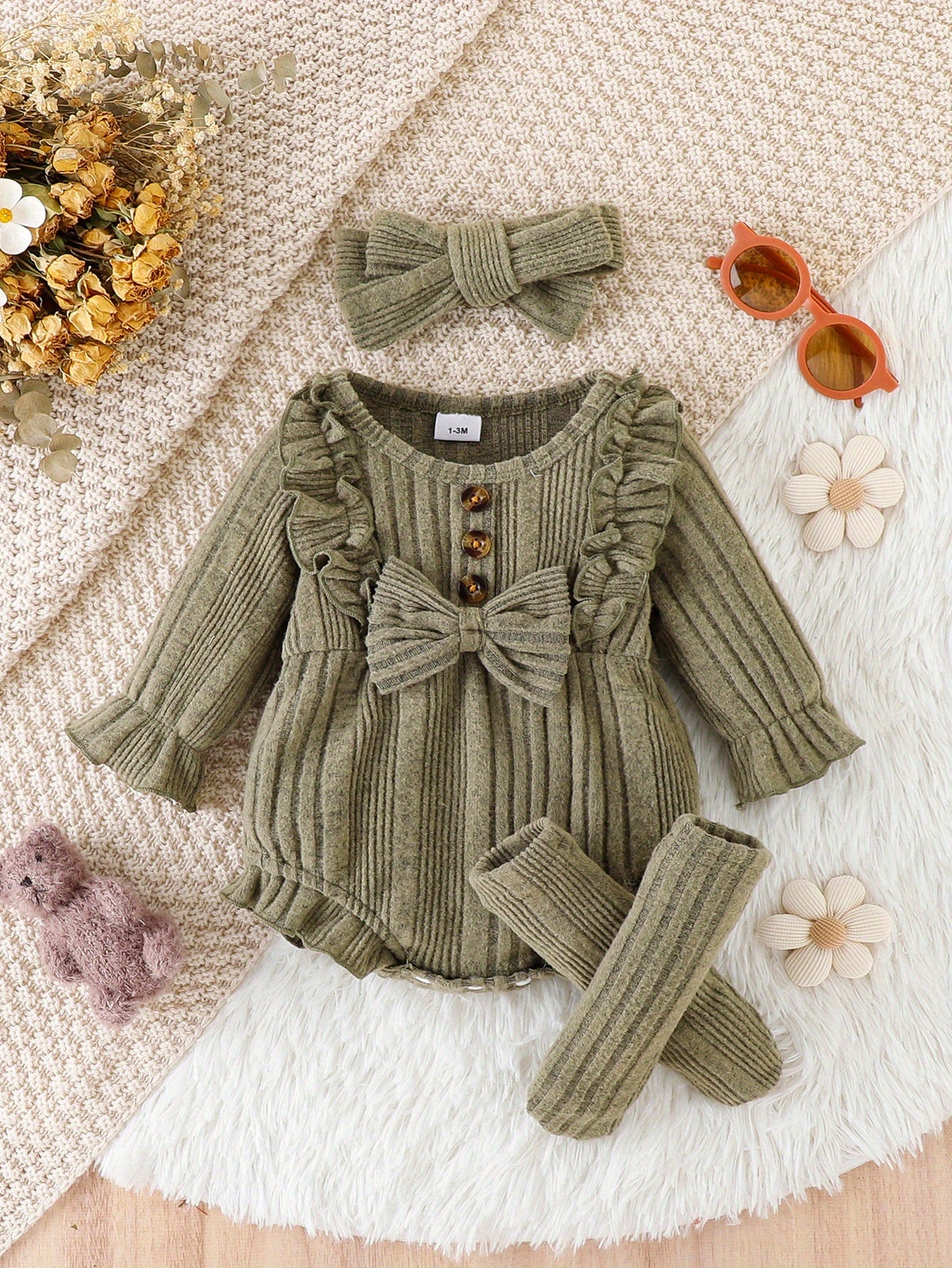 3pcs Baby Girl Ruffled Lace Bow Onesie & Headband & Socks Outdoor Set, Fall Winter Warm Outwear, Pregnant Mom's Gift